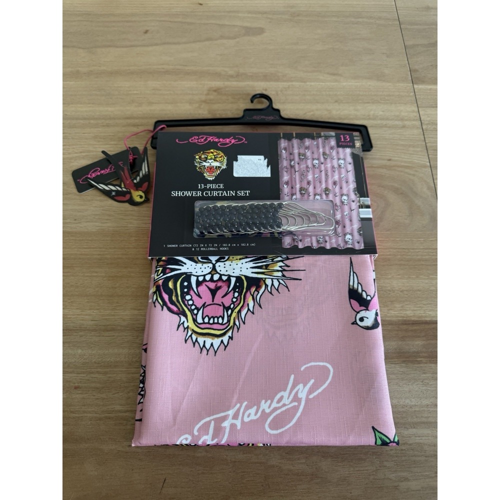Ed Hardy Pink 13 Piece Shower Curtain Set Skull Tiger Tattoo Print Hooks NWT